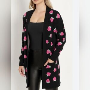 Blackmilk Black Open-Front Cardigan with Pink Strawberry Motif- Blackmilk